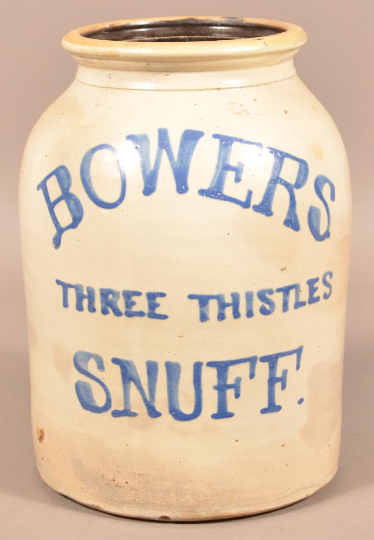 "Bowers Three Thistle Snuff" Stoneware Crock. Free-hand (1 of 2)