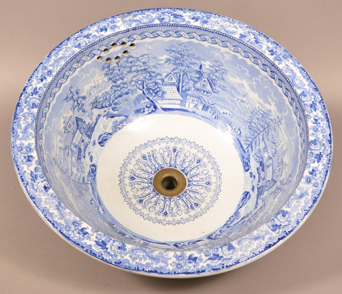 Antique Blue Transfer Staffordshire China Sink Basin.: Antique Blue Transfer Staffordshire China Sink Basin. 18-3/4" diam. Condition: Good.