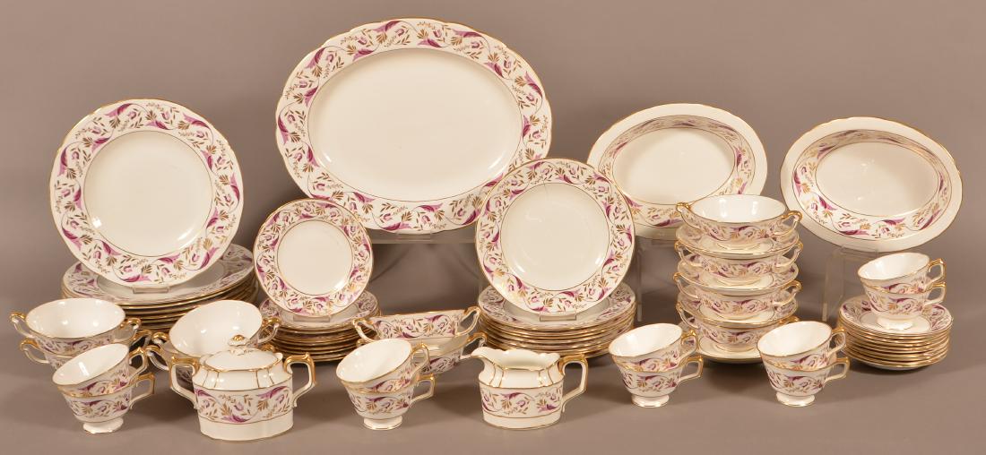 Royal Crown Derby Bone China Princess Pattern 67 Piece: Royal Crown Derby Bone China Princess Pattern 67 Piece Dinner Service. Set consist of: 4 footed crème soup bowl saucers, 10 footed crème soup bowls, 9 dinner plates, 9 salad plates, 10 bread and but