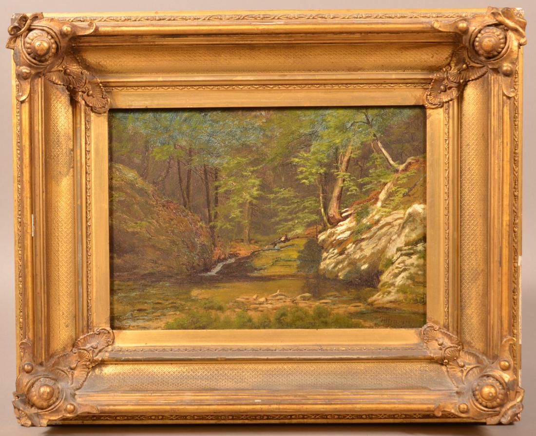 T.J. Fenimore Oil on Canvas Landscape Painting. Depicts: T.J. Fenimore Oil on Canvas Landscape Painting. Depicts a man reclining on a rock bed by a stream in a wooded hollow. Thomas J. Fenimore (American 1842-1873) was 31 years of age when he died of typhoi