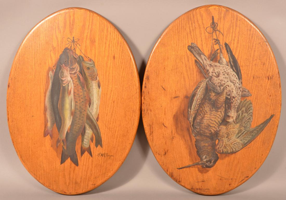 Two Antique Game Paintings on Oval Oak Panels. One is (1 of 3)