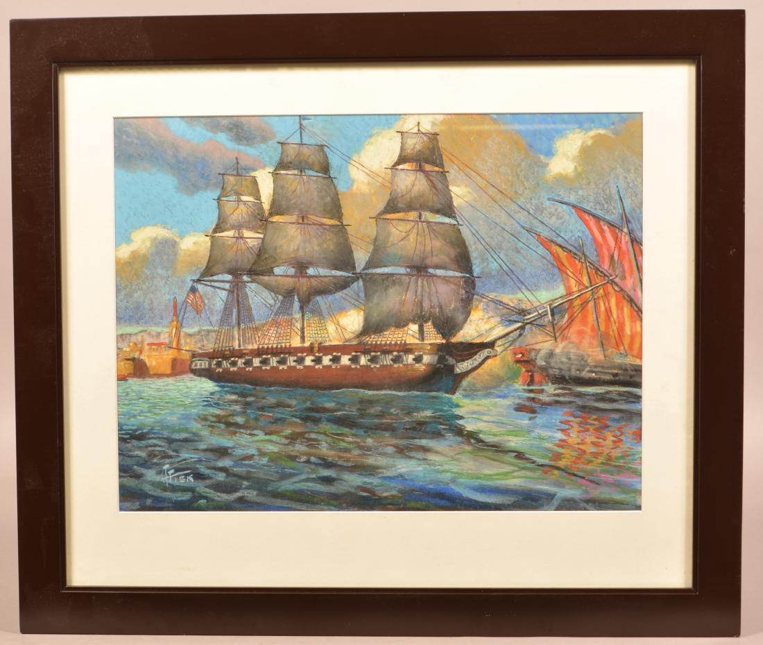 Harry T. Fisk Pastel on Paper of the USS Constitution.: Harry T. Fisk Pastel on Paper of the USS Constitution. (American, 1887-1974). Signed lower left. Image size 15" x 19-1/2". Framed and matted, 23-1/4" x 27-1/4" overall. Condition: Very good.