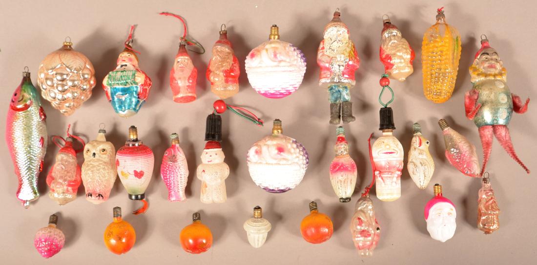 Lot of Antique/Vintage Christmas Ornaments and Bulbs.: Lot of Antique/Vintage Christmas Ornaments and Bulbs. Including Santa's, clowns, snowmen, fish, etc. Tallest measures 7"h. Condition: Good with wear.