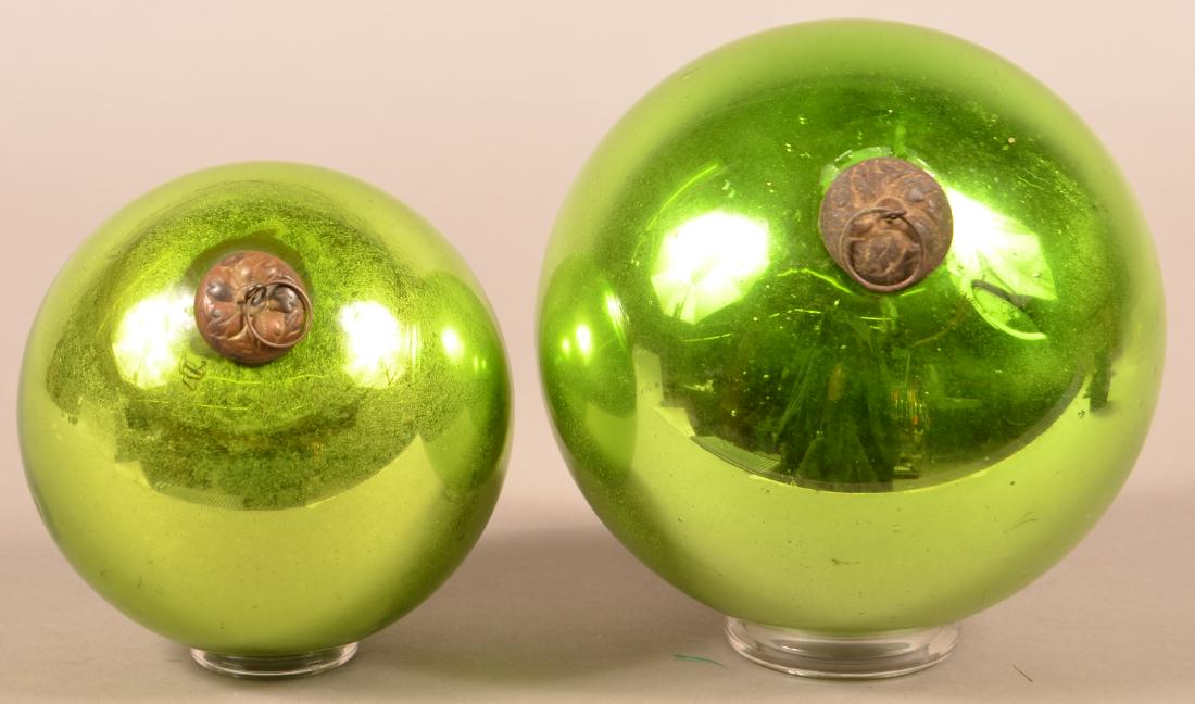 Two Antique German Green Glass Ball Form Kugels. Leaf (1 of 2)