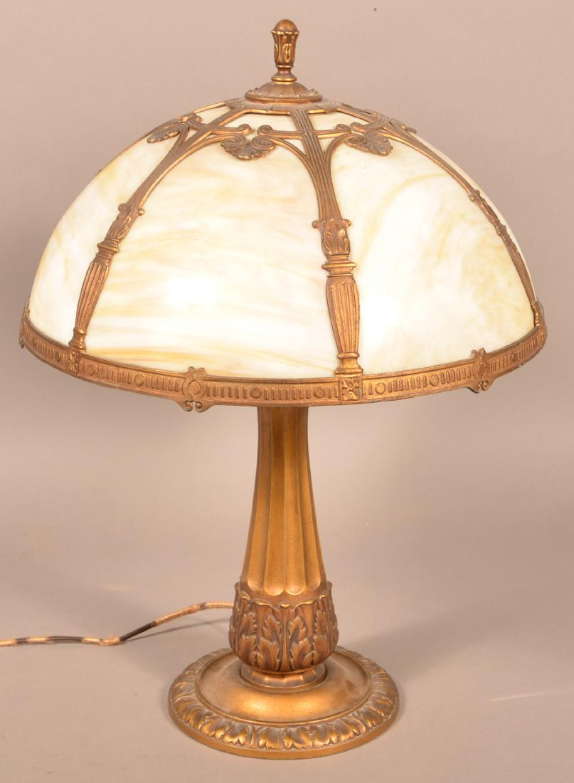 Early 20th Century Caramel Slag Glass Shade Table Lamp.: Early 20th Century Caramel Slag Glass Shade Table Lamp. 22"h. x 16" diam. Condition: Good, original gilt metal base. Cord need to be replaced.