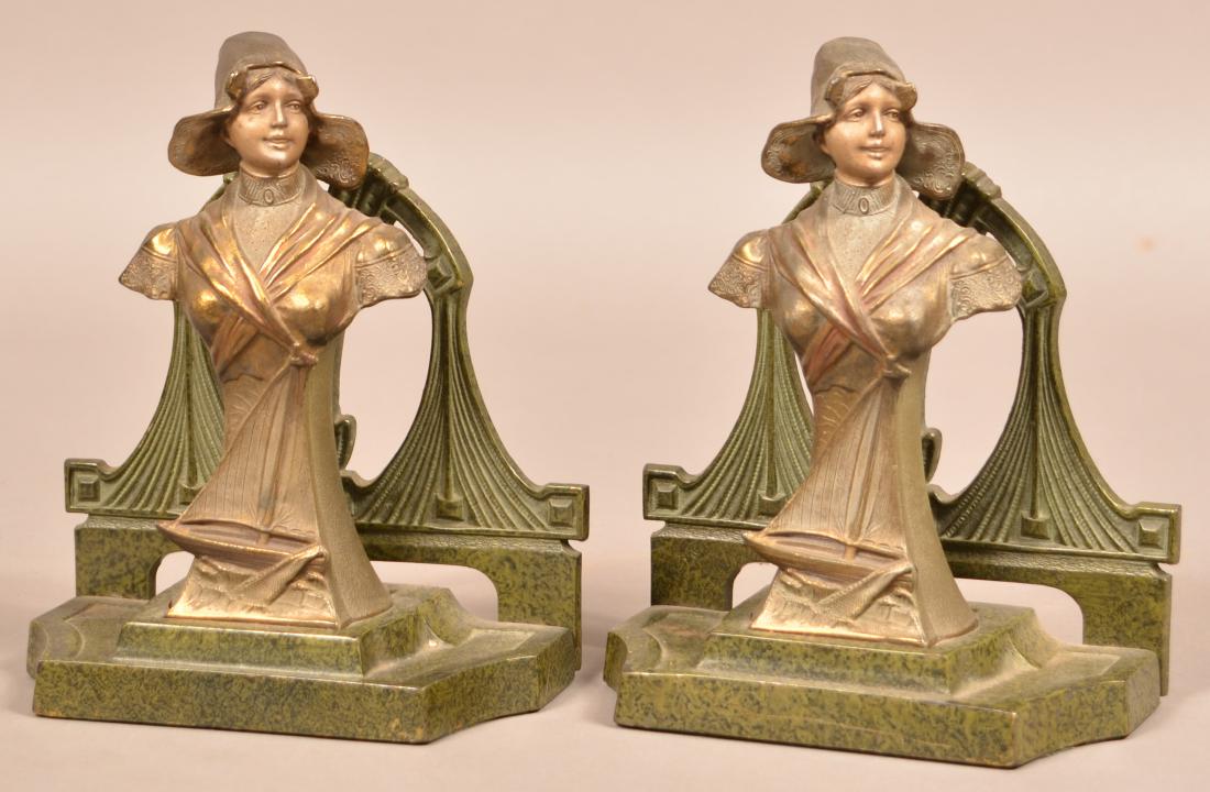 Pair of Art Nouveau Woman Figural Bookends. Painted (1 of 4)