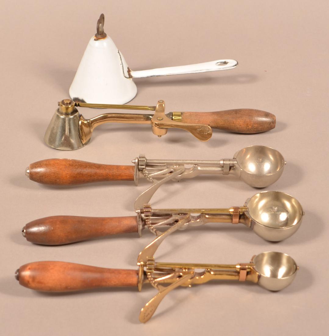 Five Various Antique Ice Cream Scoops. Largest measures