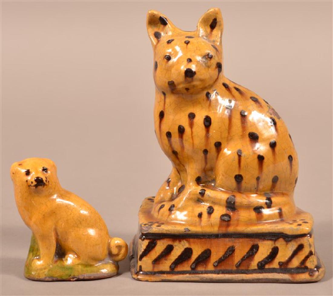 Shooner Redware Seated Cat and Dog Figures. Cat is (1 of 2)