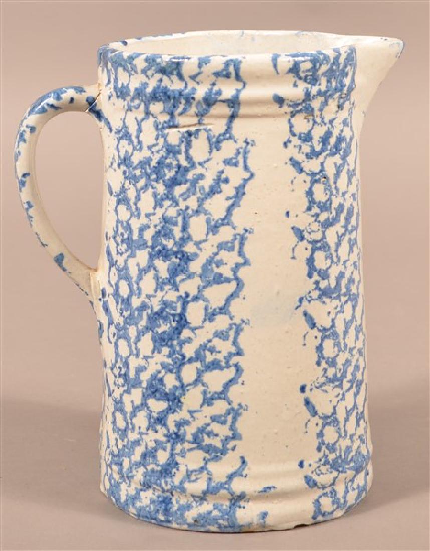 Antique Stoneware Blue Sponge Decorated Pitcher. 9"h. (1 of 2)
