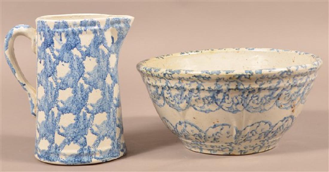 Two Pieces of Antique Blue Sponge Decorated Stoneware. (1 of 2)