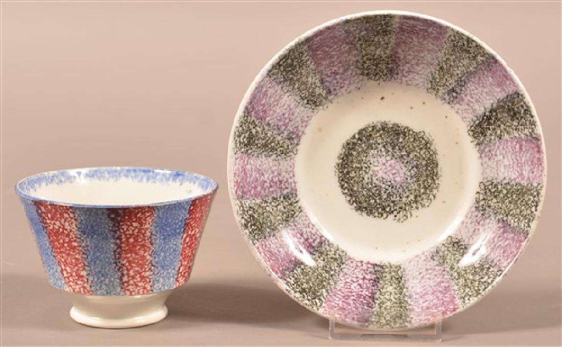 Two Pieces of Rainbow Spatter China. Blue and red cup. (1 of 5)