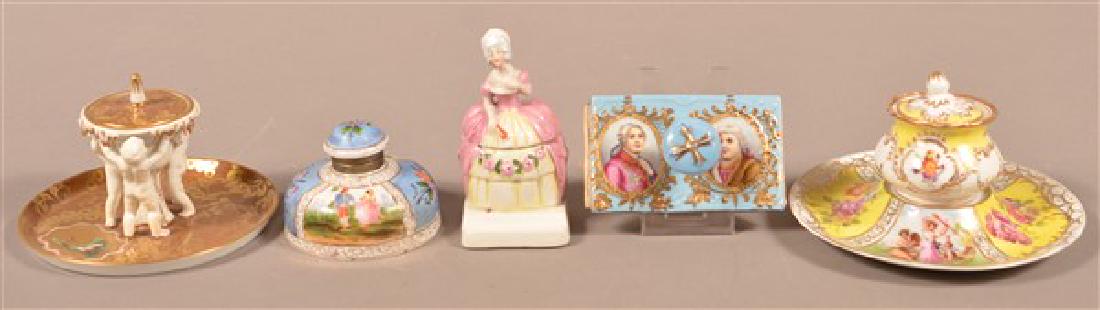 Four Various Hand Painted Porcelain Inkwells and One (1 of 2)