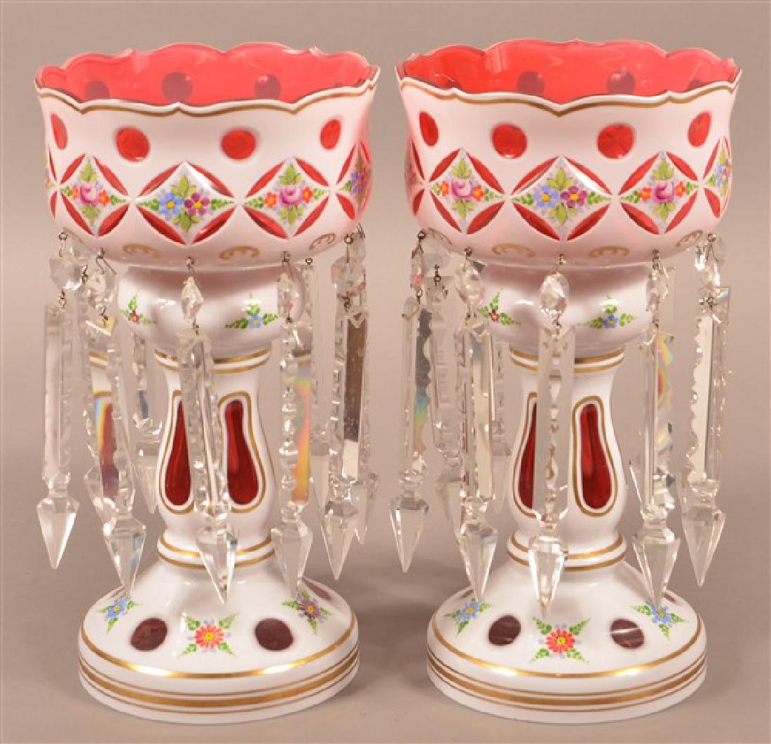 Pair of Cased Cranberry Glass Mantel Lustres. Opaque (1 of 2)