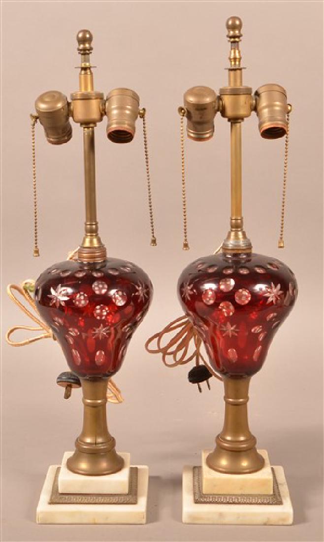 Pair od Antique Ruby Cut to Clear Fluid Lamps. Brass (1 of 4)