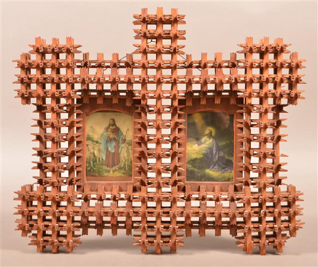 Antique Tramp Art Puzzle Frame. 17" x 20" overall. (1 of 2)