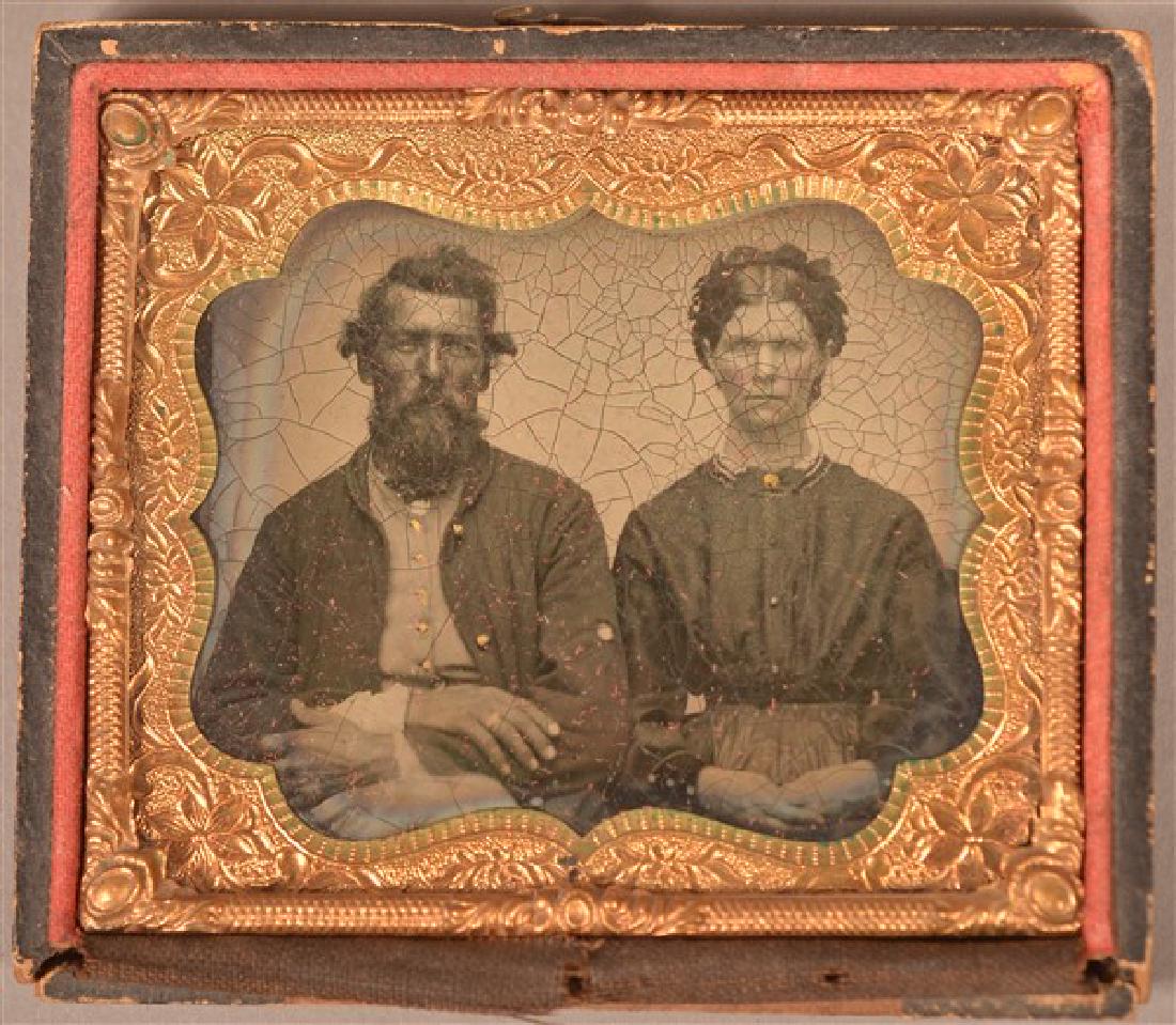 1/6 Plate Ambrotype of a Civil War Soldier. Seated: 1/6 Plate Ambrotype of a Civil War Soldier. Seated pose, in uniform with his wife by his side. Condition: Good with wear and craquelar. Partial case only.
