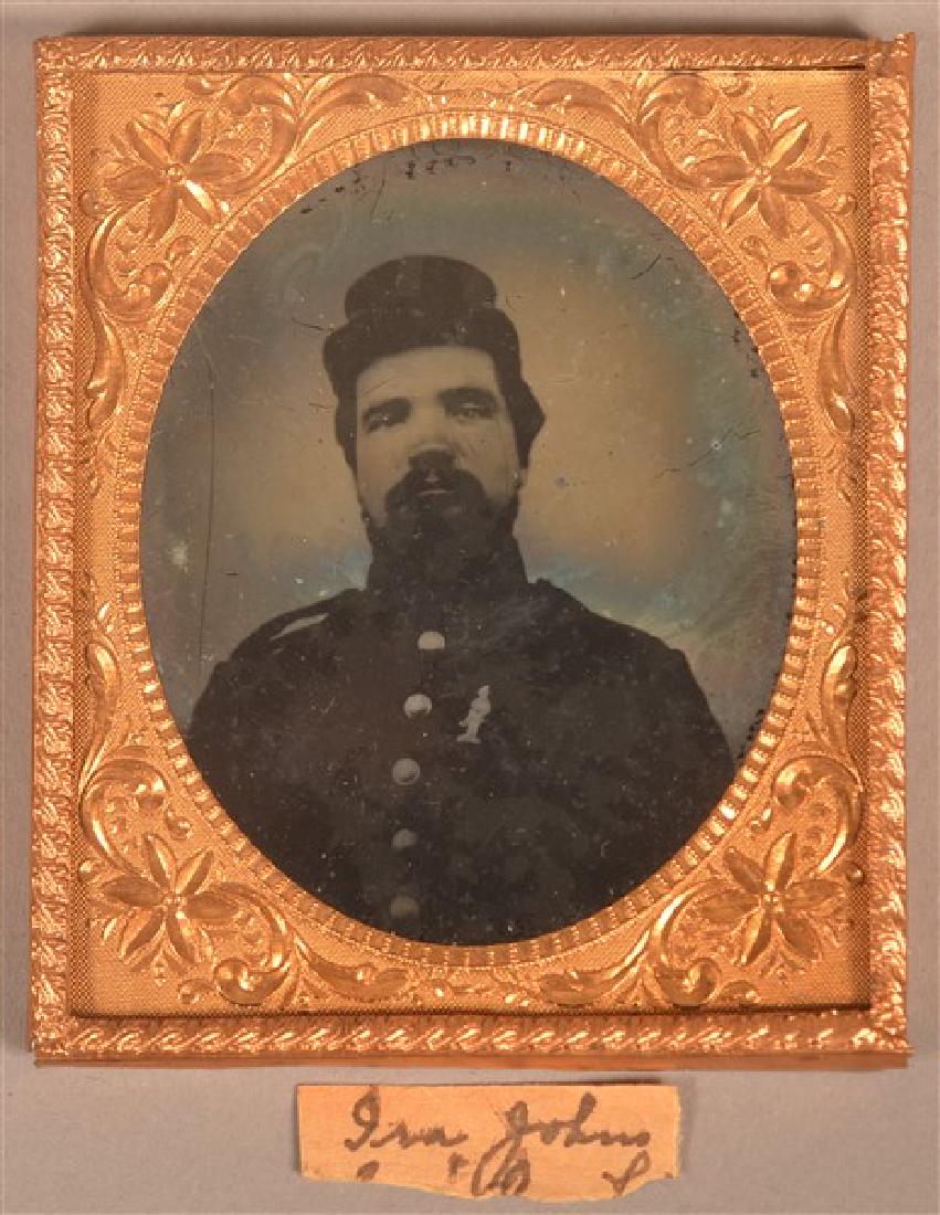 1/6 Plate Ambrotype of a Civil War Soldier. Seated: 1/6 Plate Ambrotype of a Civil War Soldier. Seated pose, in uniform, identified as Ira Johns. Condition: Good with wear, no case.