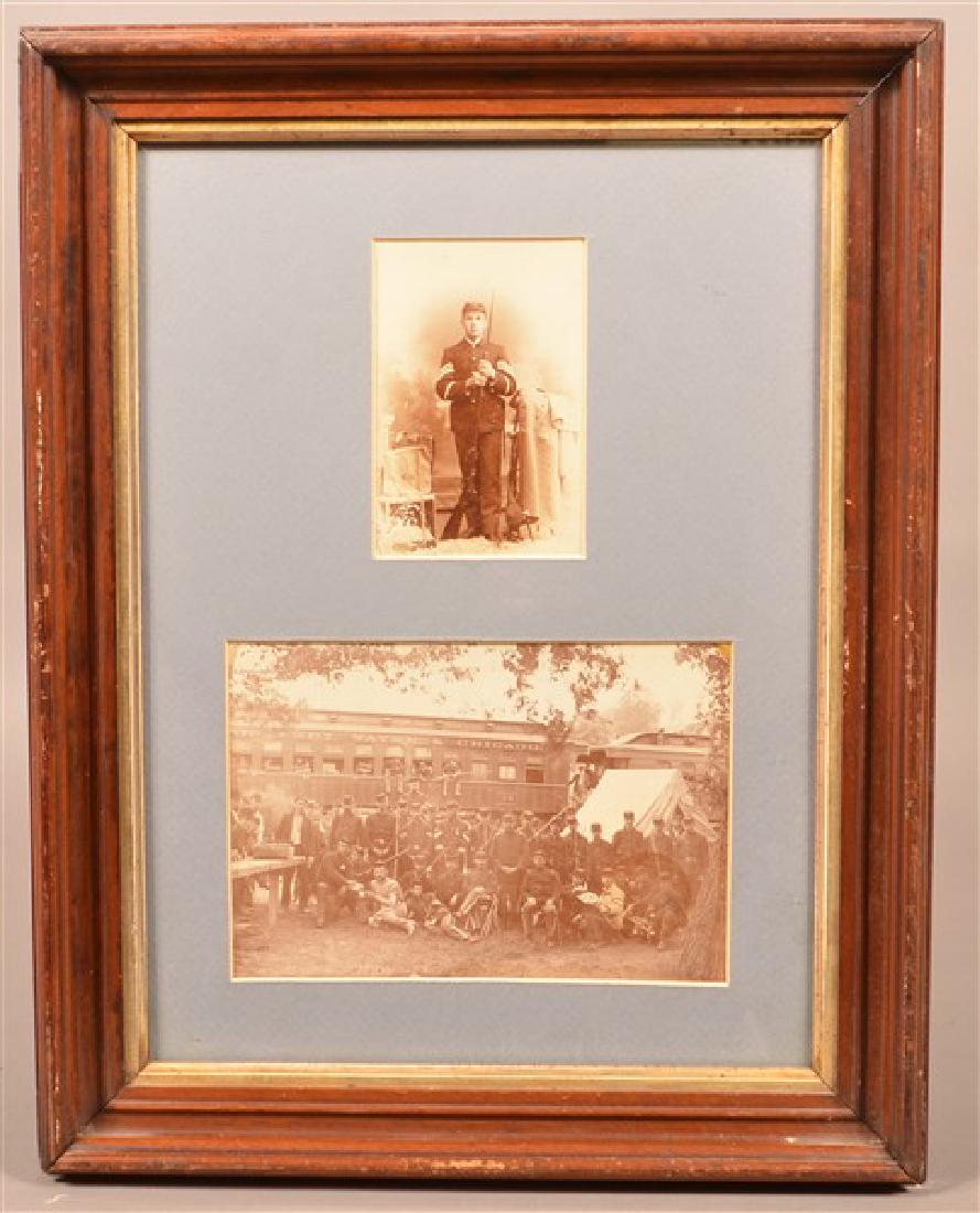 Two Antique Photographic Images of Post Civil War: Two Antique Photographic Images of Post Civil War Soldiers. One shows a troop with trapdoor rifles and a Pittsburgh, Fort Wayne & Chicago Railway train in background, the other is a soldier standing w