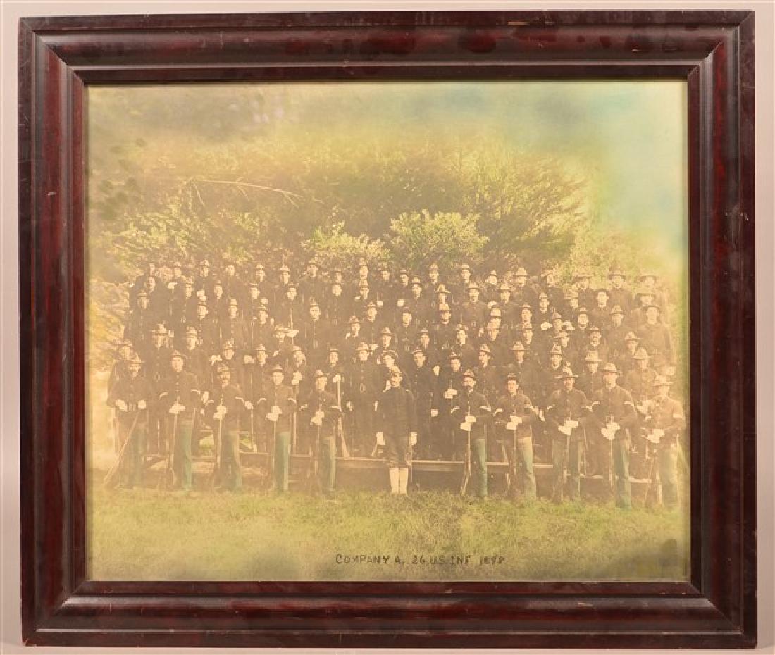 Tinted Photograph "Company A, 26 US INF. 1898". Framed,: Tinted Photograph "Company A, 26 US INF. 1898". Framed, 23-3/4"h. x 28-1/2"w. overall. Condition: Good with foxing and toning.