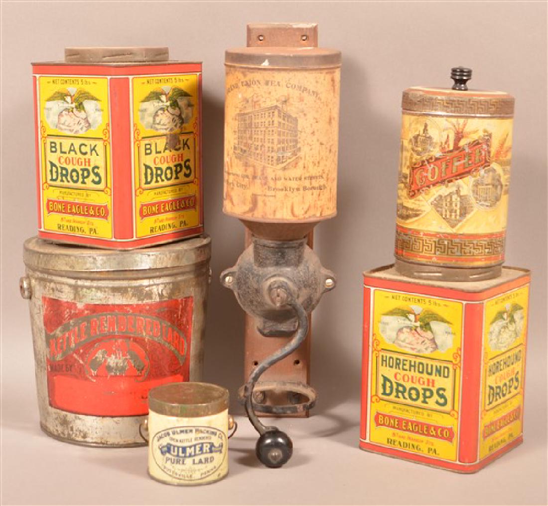 Six Antique/Vintage Advertising Tins. Including a cast (1 of 2)