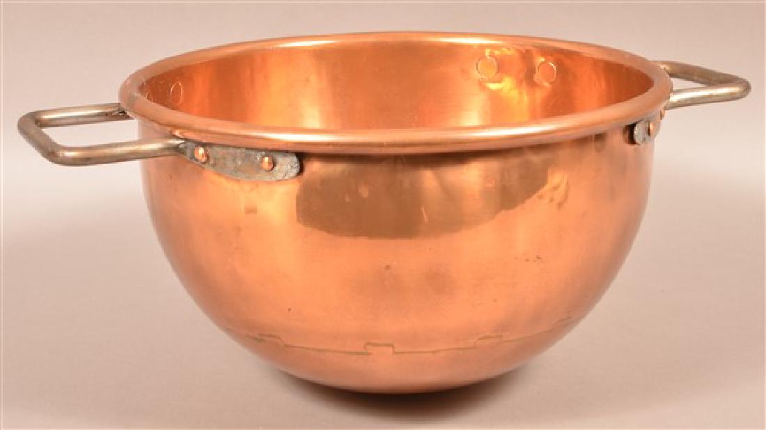 Unsigned Antique Copper Candy Kettle. Iron handles with (1 of 2)