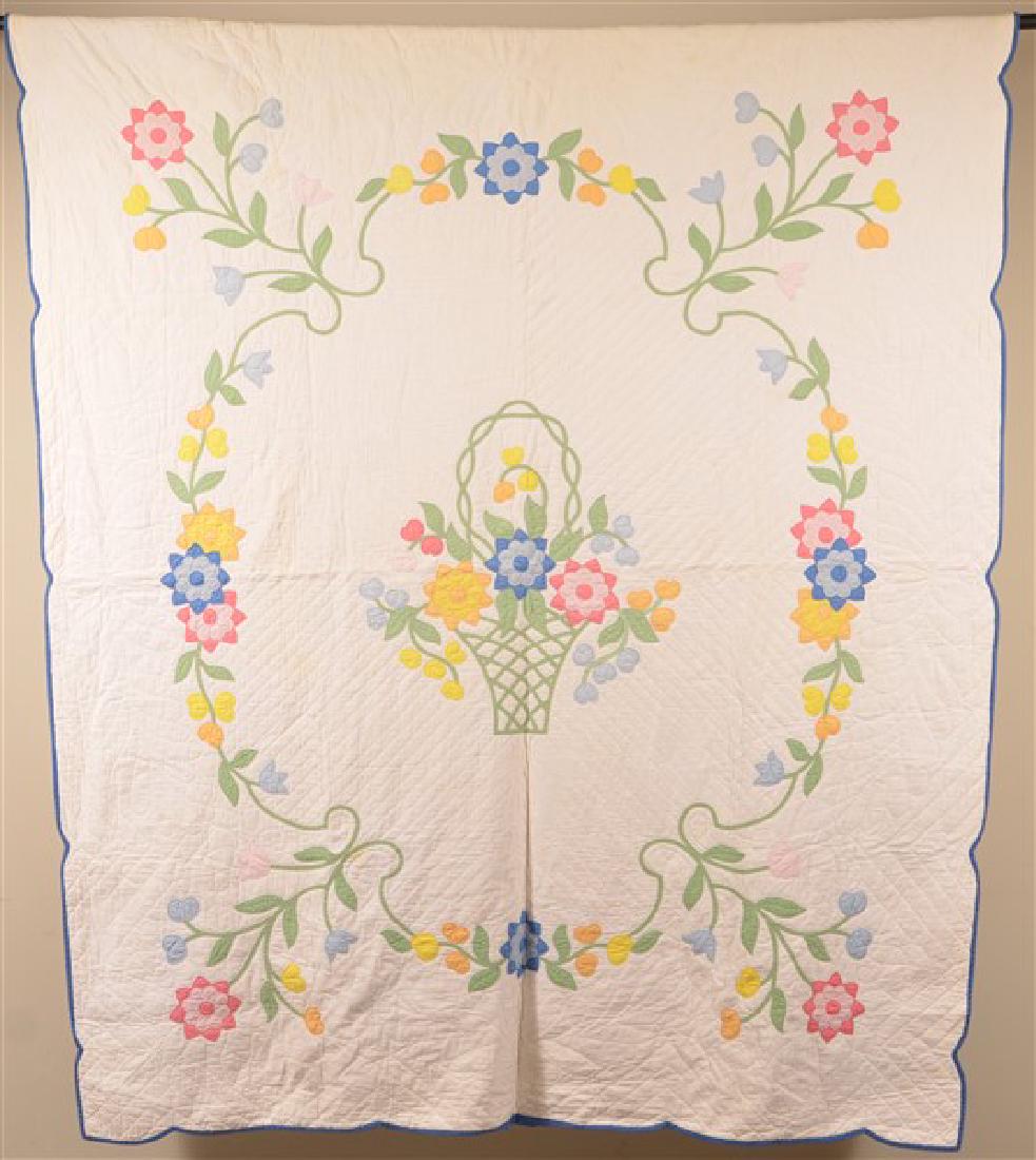 Vintage Basket of Flowers Pattern Applique Quilt. 75" x (1 of 4)