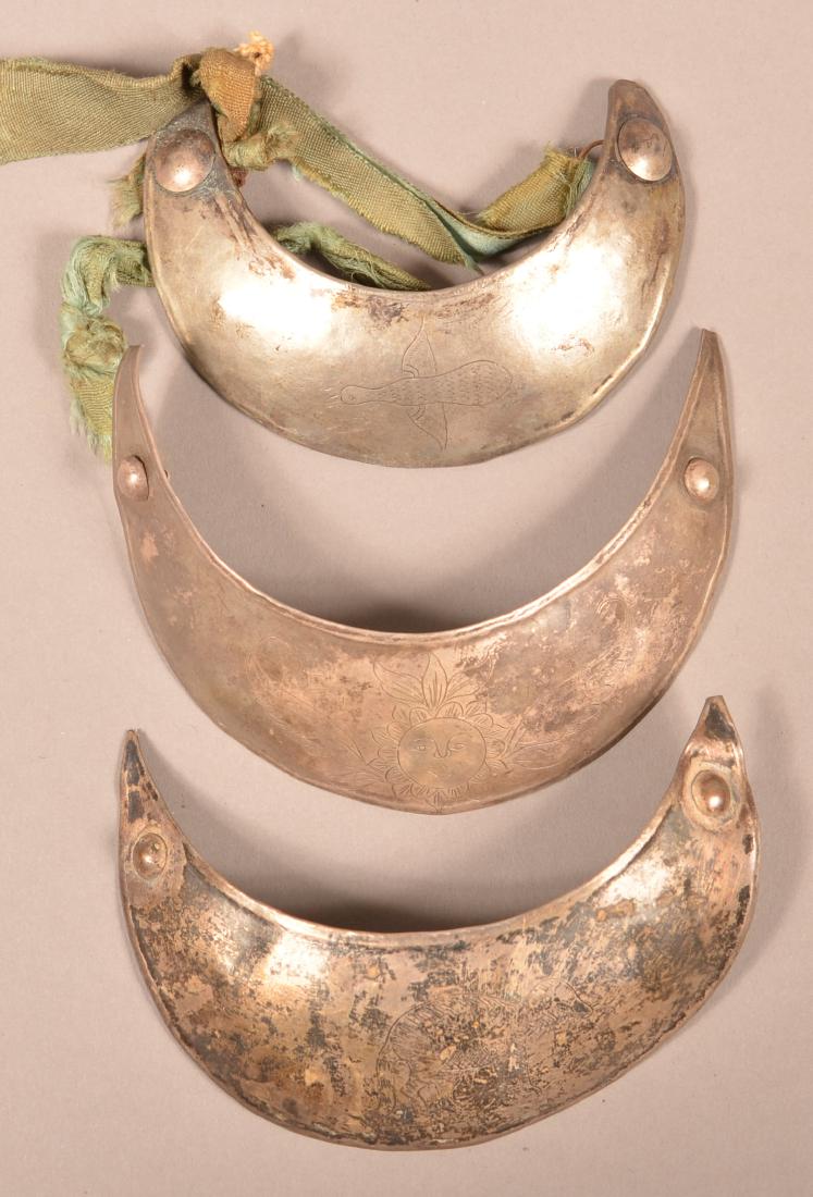 3 Crescent Shaped Sterling Silver Gorgets w/ Engraved: 3 Crescent Shaped Sterling Silver Gorgets w/ Engraved Motifs, These are Replicas of 18th Cent. Types