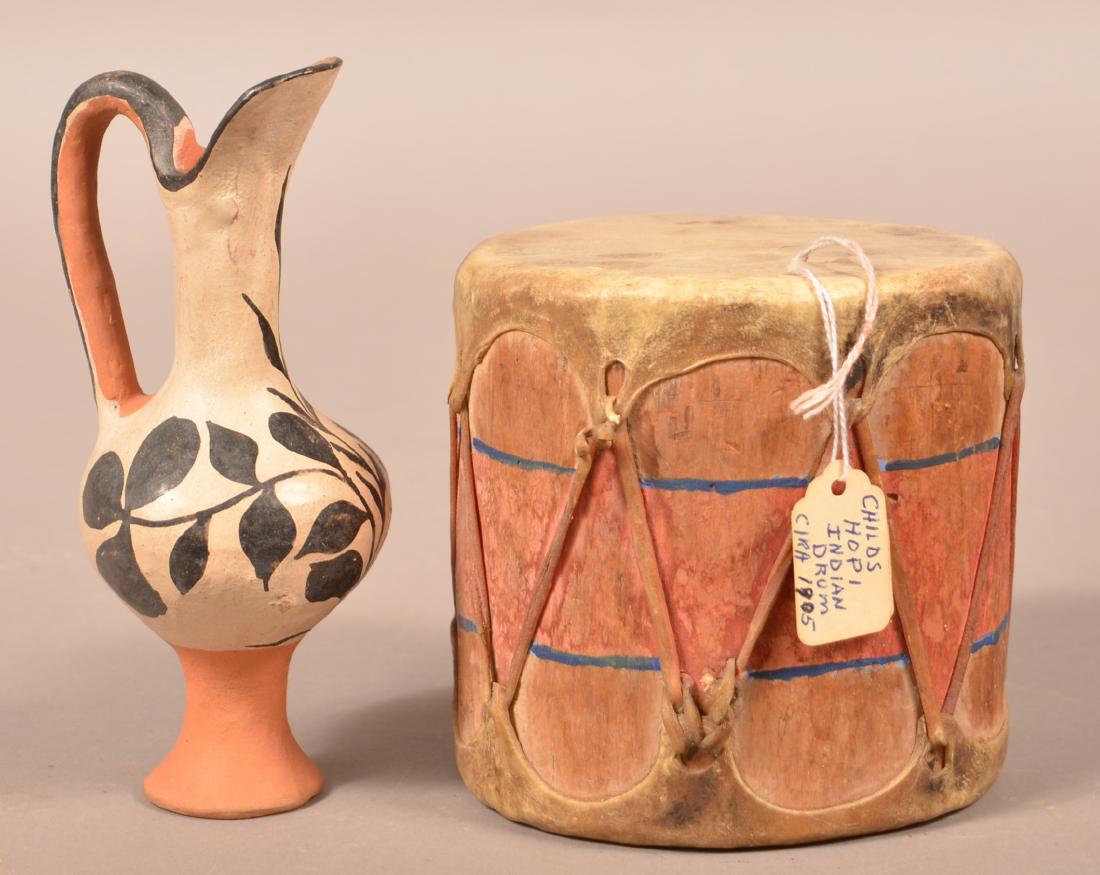 2 Antique Pueblo Indian Items - Painted Drum, Pottery (1 of 2)