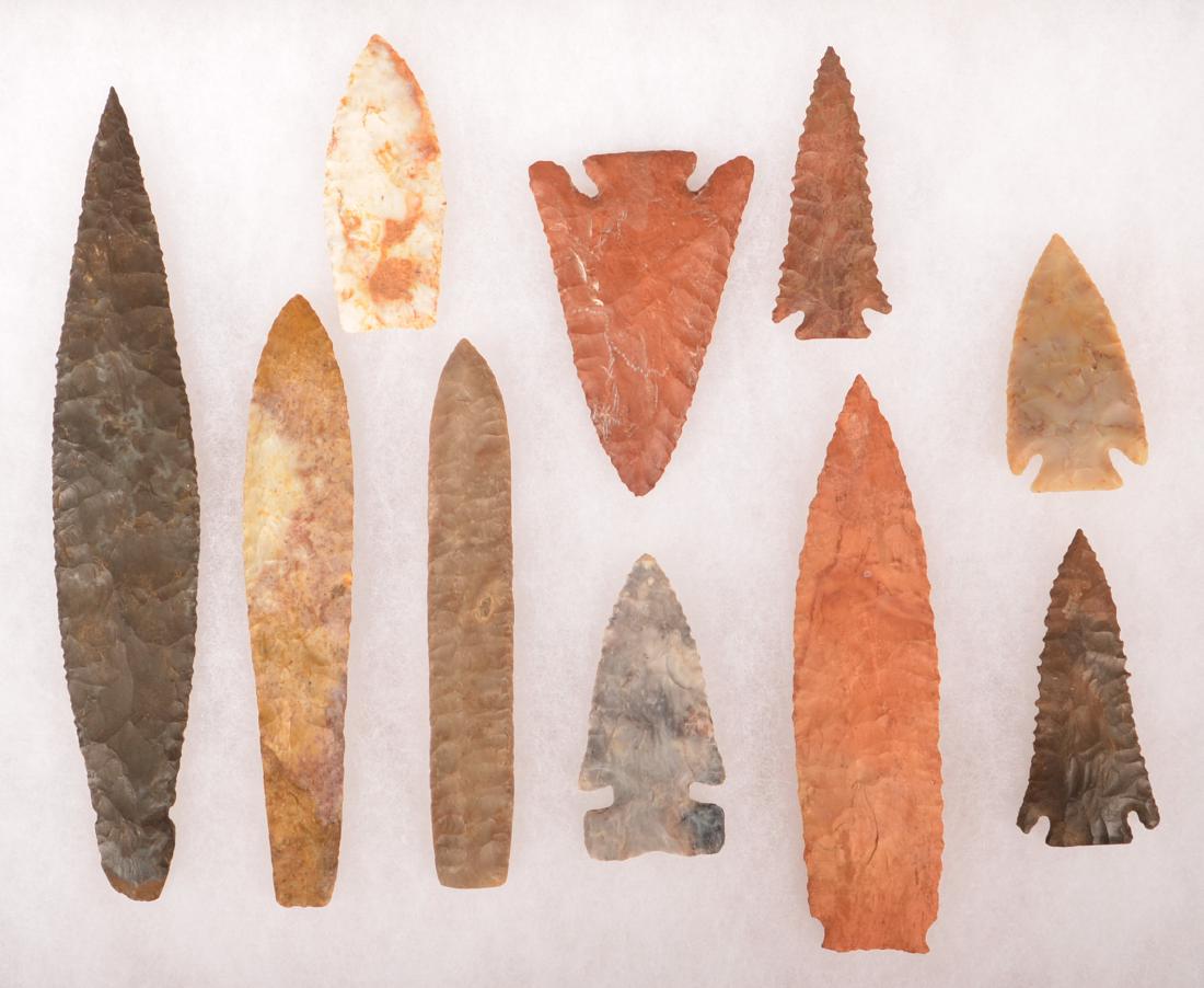 10 Large and Colorful Flint Points, 9" to 3" Lengths, (1 of 2)