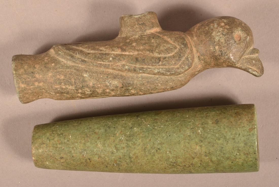 2 Stone Smoking Pipes - Green Tubular, Bird Effigy, (1 of 2)