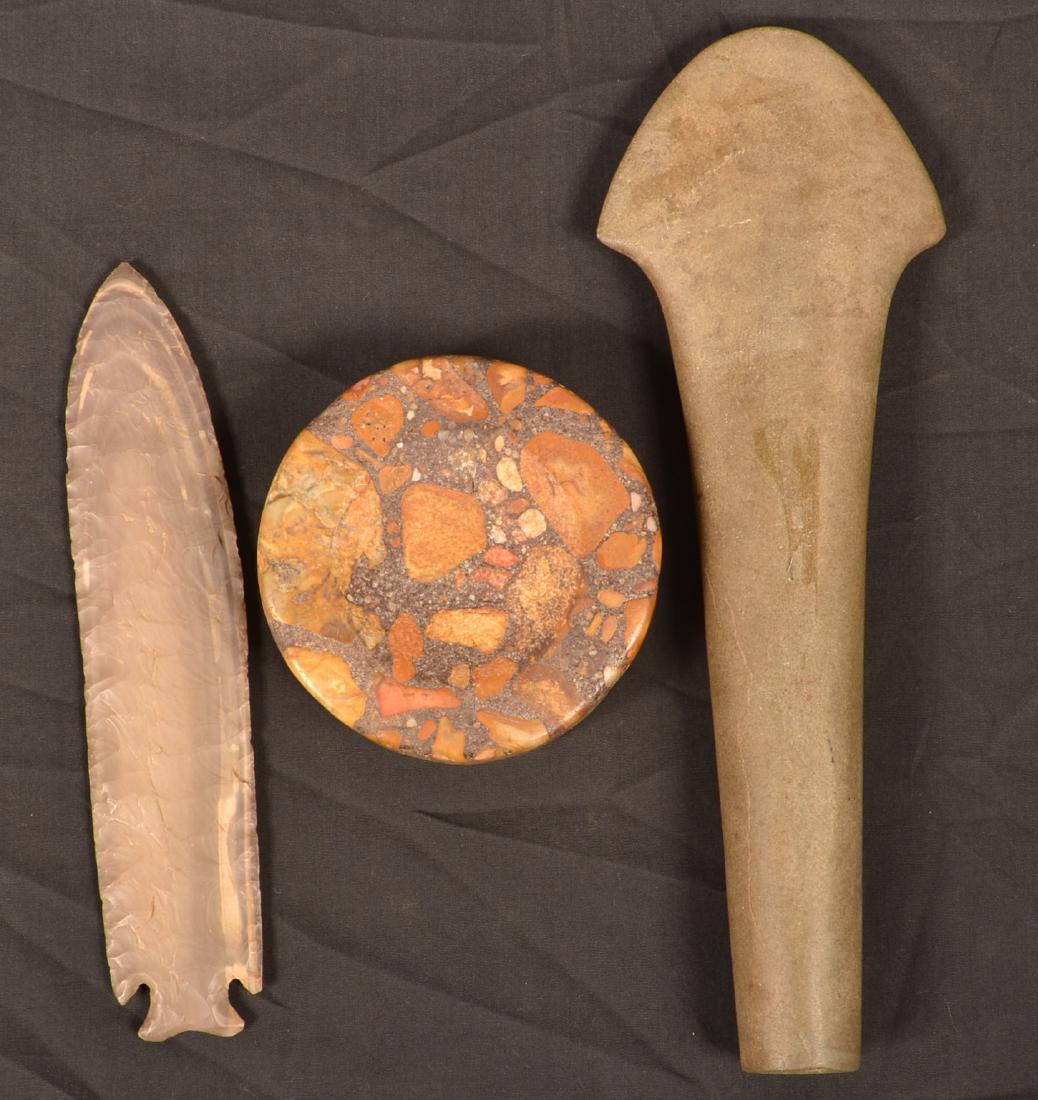 3 Stone Items - 11 1/2" Spud, Puddingstone Discoidal (1 of 2)