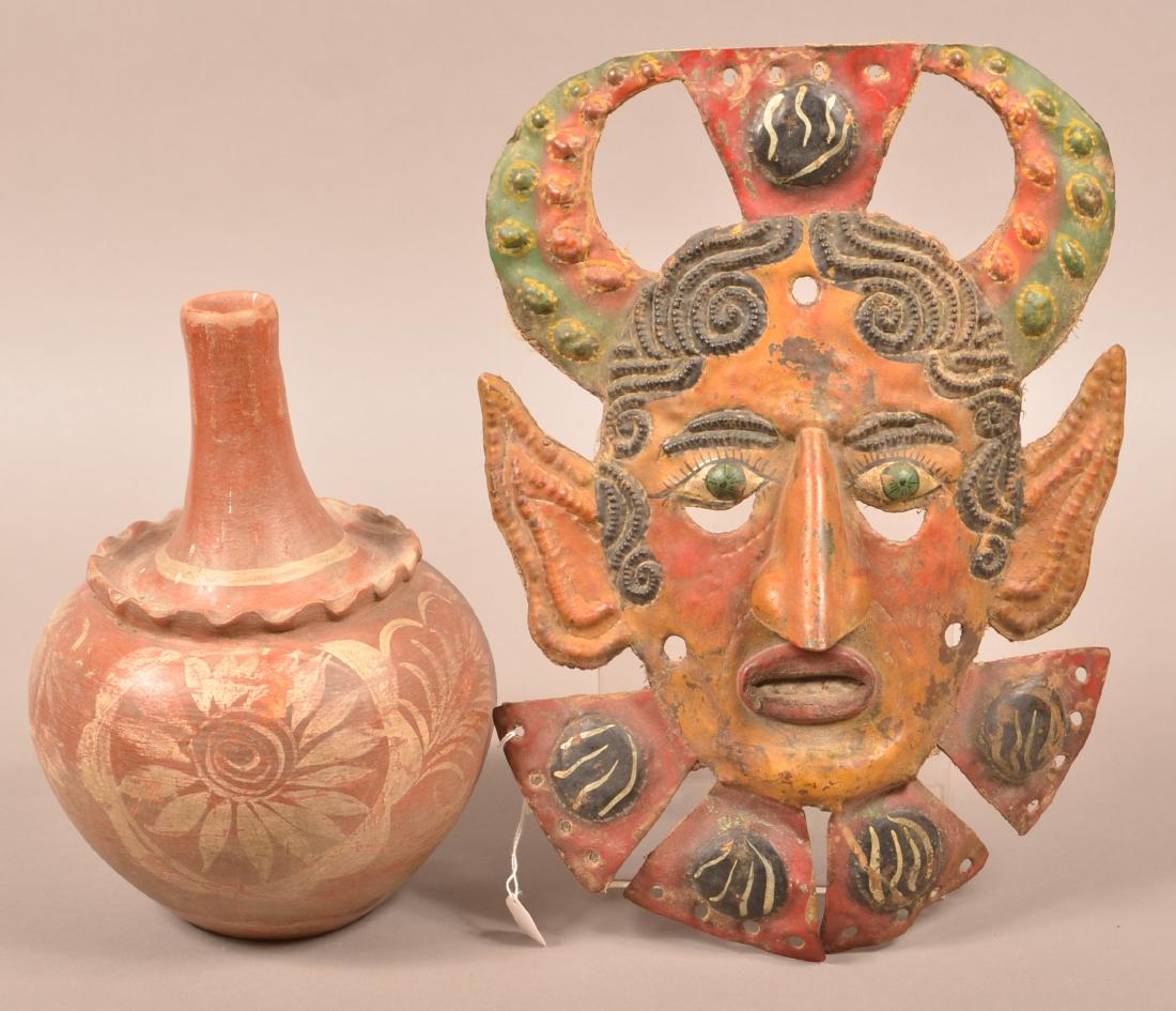 2 Mexican Folk Art Items - Painted Metal Mask and (1 of 2)