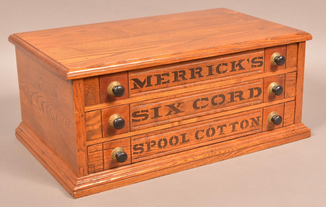 Merrick's Six Cord Spool Cotton Oak Cabinet.: Merrick's Six Cord Spool Cotton Oak Cabinet. 10-3/4"h. x 25"w. x 15"d. Condition: Good.