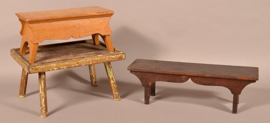 Three Antique Wood Footstools.: Three Antique Wood Footstools. Largest measures 17-3/4"l. Condition: Good with wear and some loss.