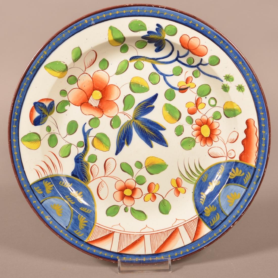 Gaudy Dutch China Single Rose Pattern Plate.: Gaudy Dutch Soft Paste China Single Rose Pattern Plate. Green and yellow leaves. 9-3/4" diam. Condition: Very good with minor wear.