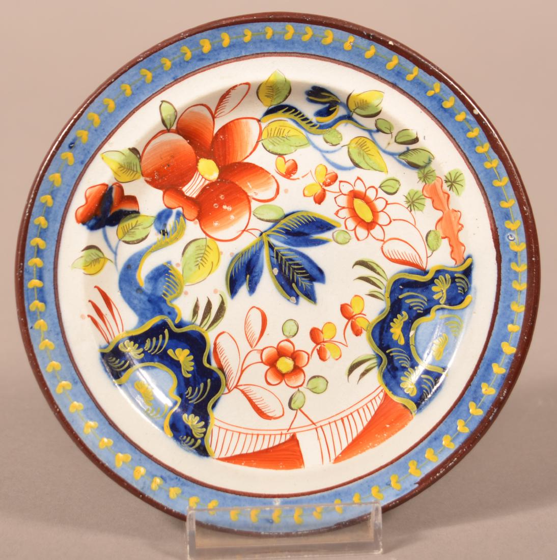 Gaudy Dutch China Single Rose Pattern Plate.: Gaudy Dutch Soft Paste China Single Rose Pattern Toddy Plate. Green and yellow leaves. 5-3/4" diam. Condition: Very good.