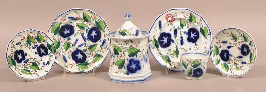 6 Pcs. of Gaudy Ironstone Morning Glory China.: Six Pieces of Gaudy Ironstone Morning Glory China. Covered sugar bowl measures 8"h. Condition: Good.