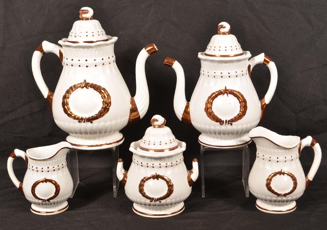 Five Pieces of Laurel Wreath Ironstone China.: Five Pieces of Laurel Wreath Ironstone China. Copper lustre highlights. By Elsmore and Forster. Tallest measures 11-1/4"h. Condition: Good, coffee pot has a line on base.