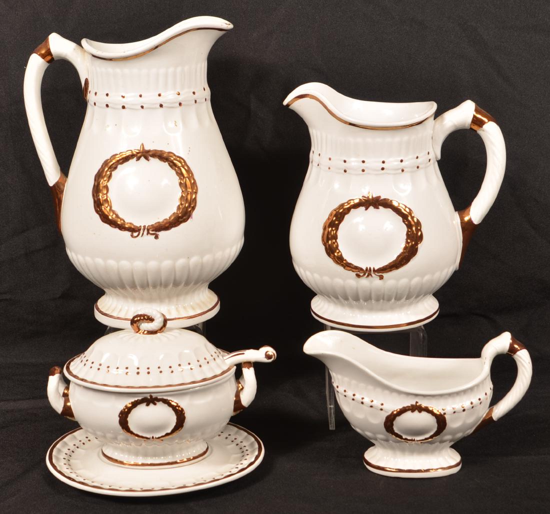 Four Pieces of Laurel Wreath Ironstone China.: Four Pieces of Laurel Wreath Ironstone China. Copper lustre highlights. By Elsmore and Forster. Tallest measures 11-3/4"h. Condition: Good.