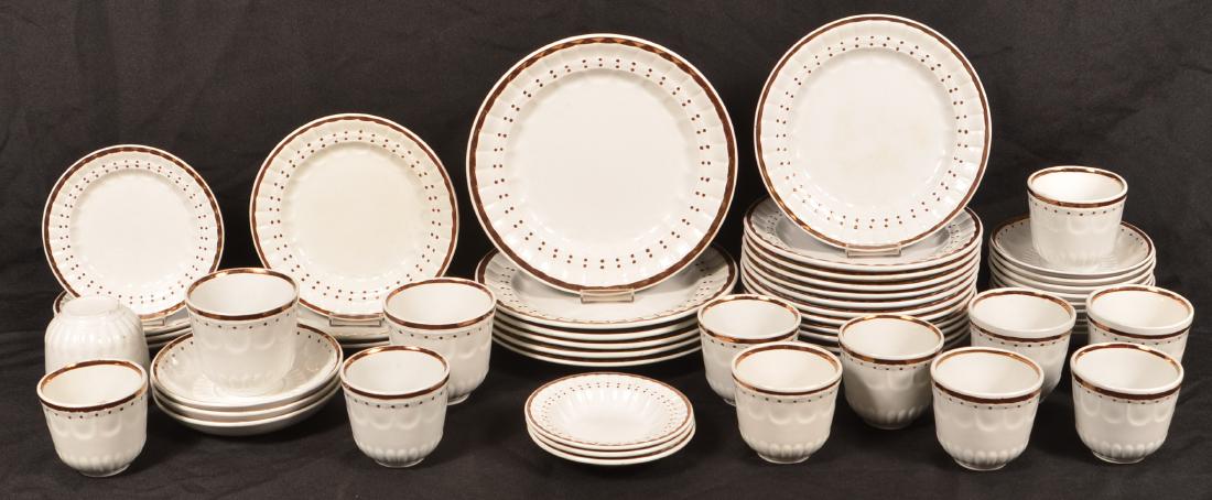 53 Pieces of Ironstone China.: 53 Pieces of Ironstone China. Copper lustre highlights. By Elsmore and Forster. Largest plates measures 9-3/4" diam. Condition: Good with minor damage.