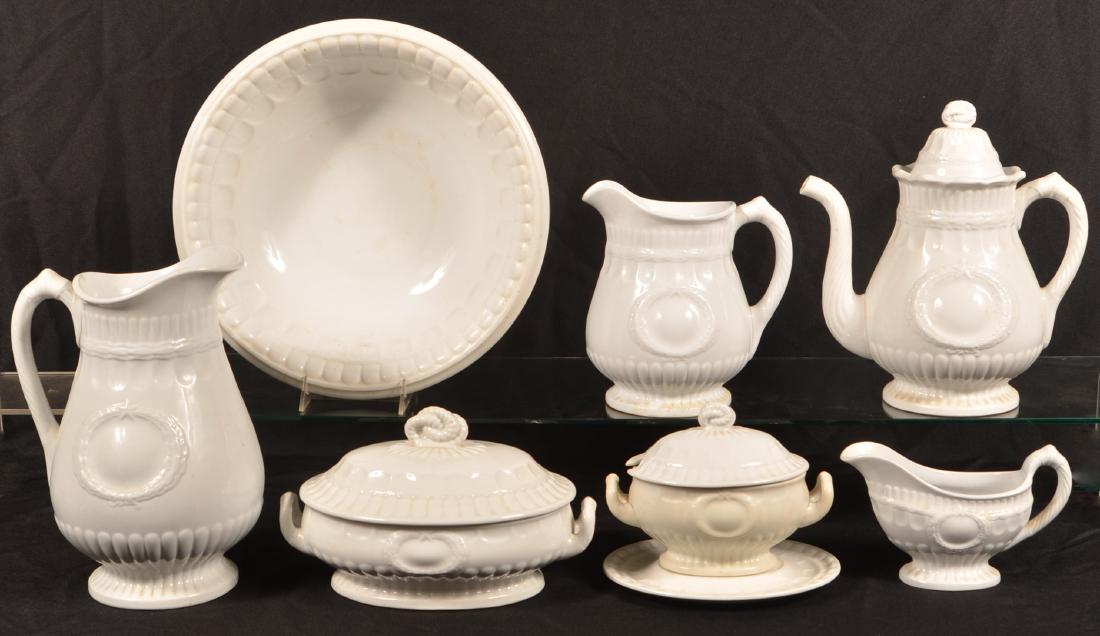 6 Pieces of Laurel Wreath White Ironstone China.: Six Pieces of Laurel Wreath White Ironstone China. By Elsmore and Forster. Coffee pot measures 11"h. Condition: Good with minor stains.