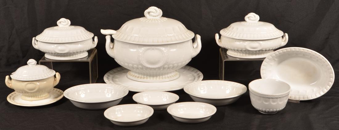 11 Pcs. of Laurel Wreath White Ironstone China.: 11 Pieces of Laurel Wreath White Ironstone China. By Elsmore and Forster. Tureen measures 12-3/4"h. Condition: Good with stains, tureen has lines.