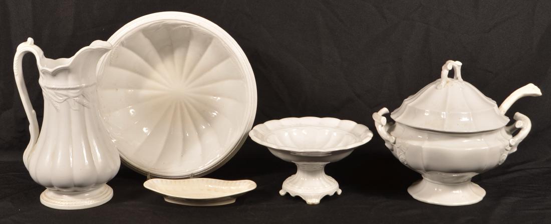 Five Pieces of White Ironstone China.: Five Pieces of White Ironstone China. Various patterns. Wash pitcher measures 13"h. Condition: Good with stains.
