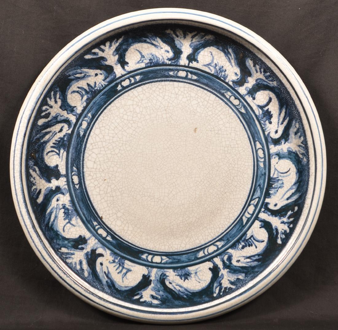 Dedham Pottery Rabbit Rolled Edge Tray.: Dedham Pottery Two Ear Rabbit Border Rolled Edge Tray. Blue decoration on white crackle glaze. 1896-1943 blue printed mark. 13-1/2" diam. Condition: Very good.