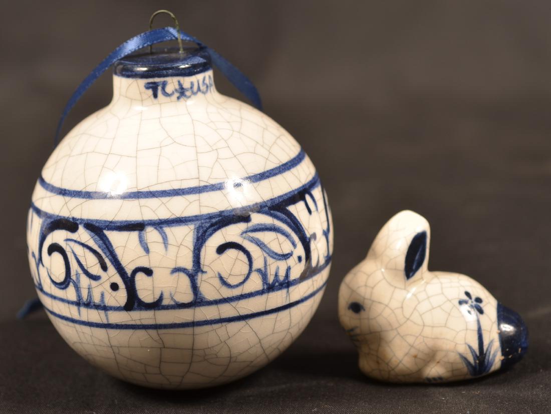 Dedham Potting Shed Christmas Ball and Rabbit.: Dedham Pottery Potting Shed Christmas Ball and Rabbit Figure. Ball is dated 1997 and measures 2-3/4" diam. Condition: Very good.