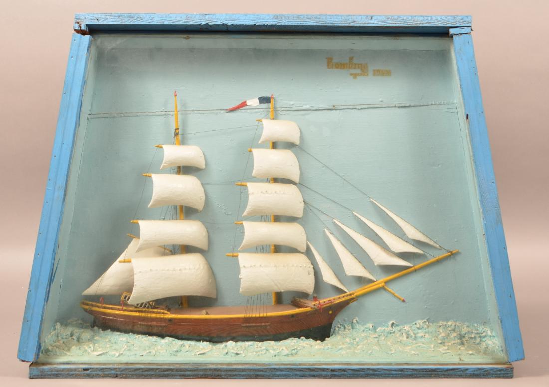 Vintage Clipper Ship Diorama.: Vintage Clipper Ship Diorama. Dated 1944. 20-1/4"h. x 28"w. x 6"d. Condition: Good with wear and horizontal separation to backing board.