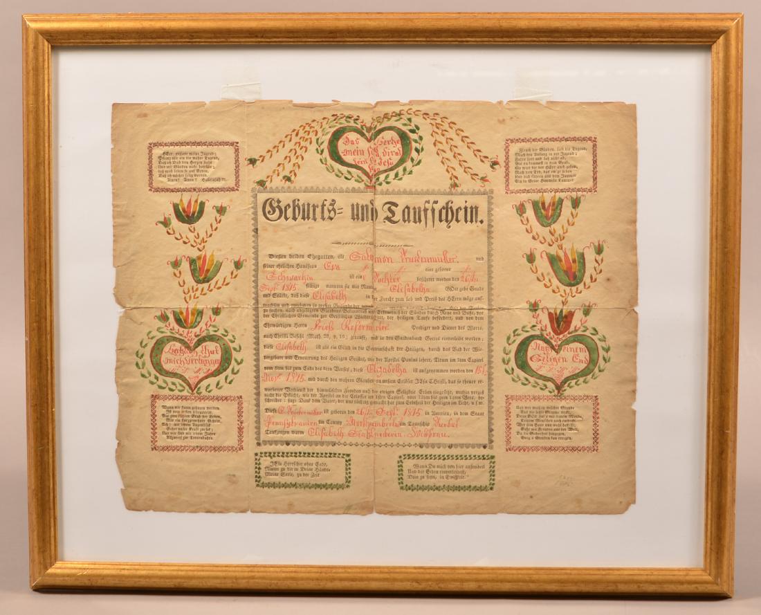 Birth and Baptismal Certificate Dated 1815.: Early 19th Century Printed, Hand Drawn and Colored Birth and Baptismal Certificate. Inscribed for Elisabeth Drunkenmiller, dated September 26, 1815, Notrhumberland County, PA. Mirror image with hearts