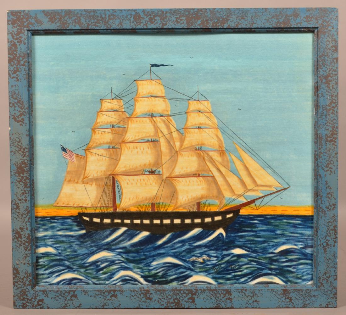 Bill Rank Ship Theorem Painting.: Bill Rank Ship Theorem Painting. (William Rank Pennsylvania, 1921-2000). Signed lower right Bill Rank. A theorem on velvet depicting a ship at full sail. Image size: 17-1/2" x 19-1/2". In an original