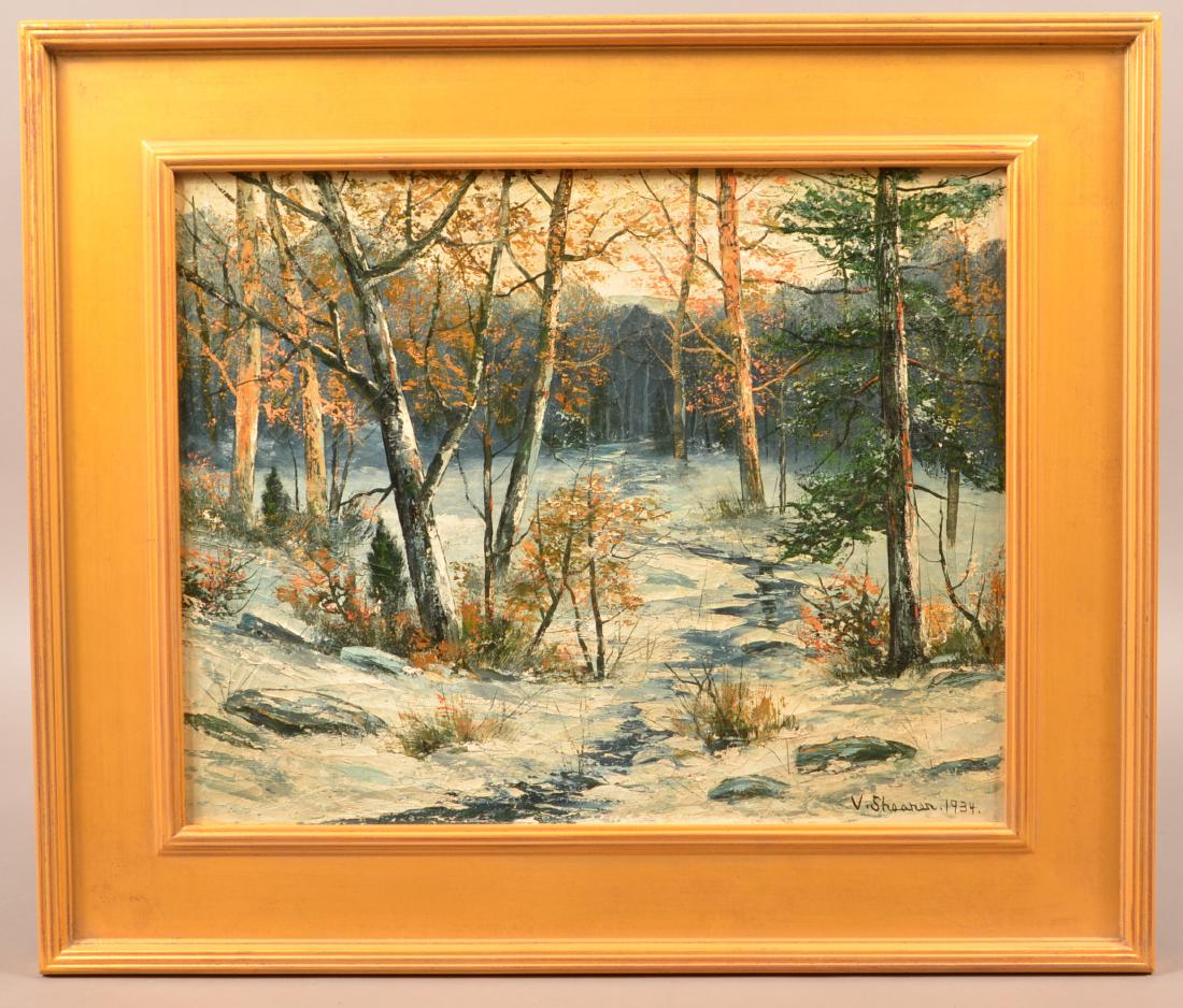V. Shearer Oil on Canvas Landscape Painting.: Victor Shearer Oil on Canvas Winter Landscape Painting. (1872-1951, Pennsylvania). Signed lower right "V. Shearer 1934". Image 16" x 20", in a modern frame, 22-1/4" x 26-1/4" overall. Condition: Good