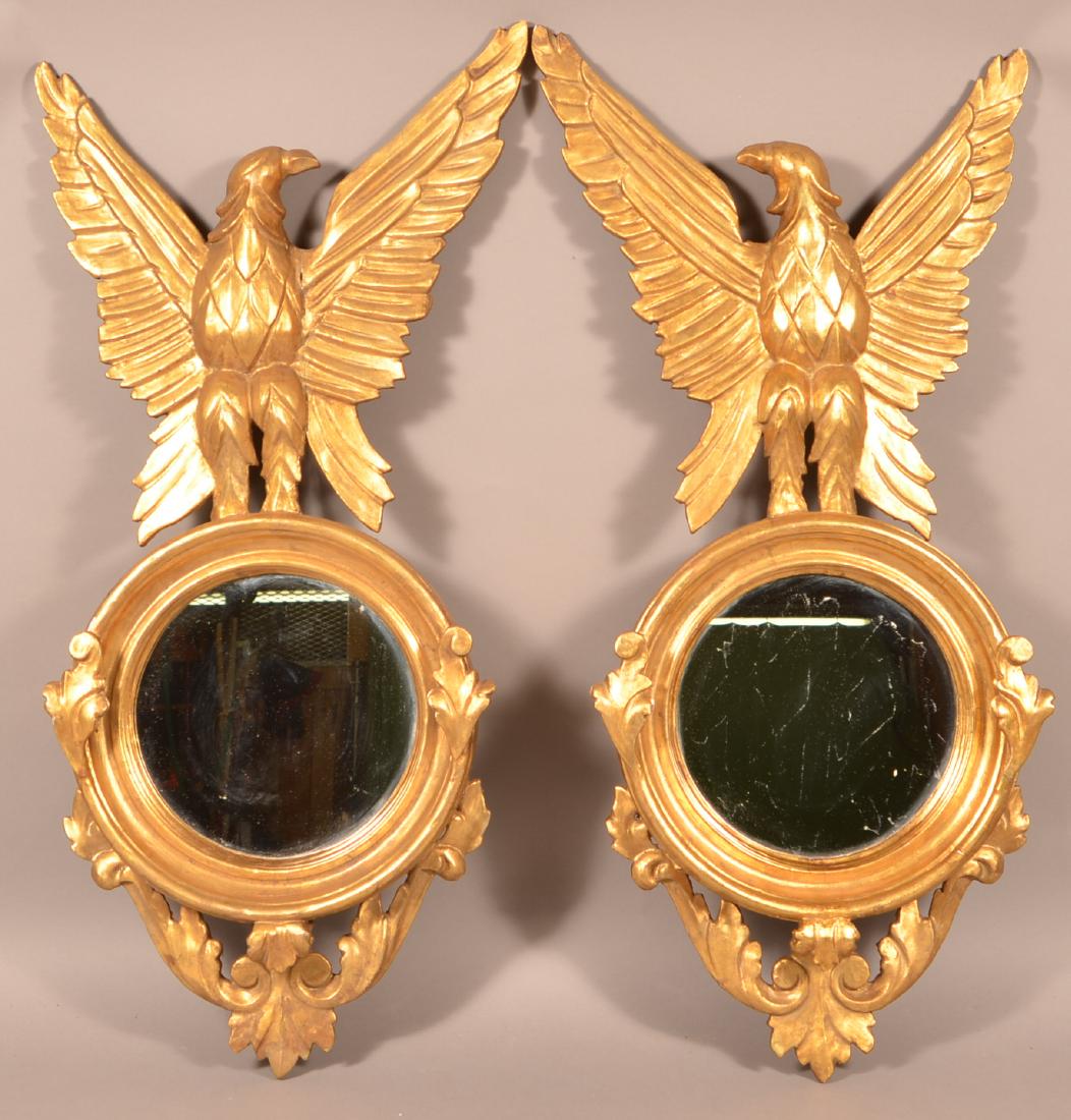 Pair of Antique Giltwood Eagle Crest Mirrors.: Pair of Antique Giltwood Eagle Crest Mirrors. 38" x 18-3/4". Condition: Good with minor loss and one wing repair.